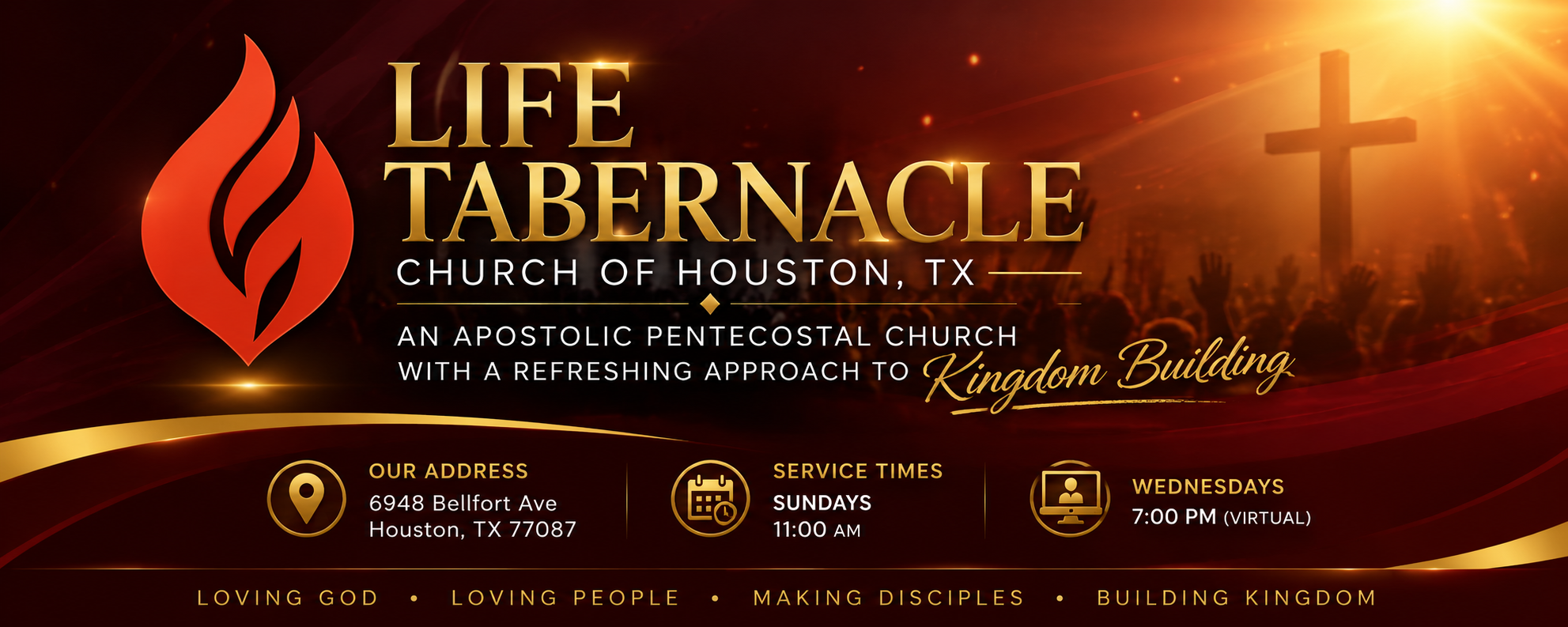 Welcome to Life Tabernacle Church of Houston banner with address and service times